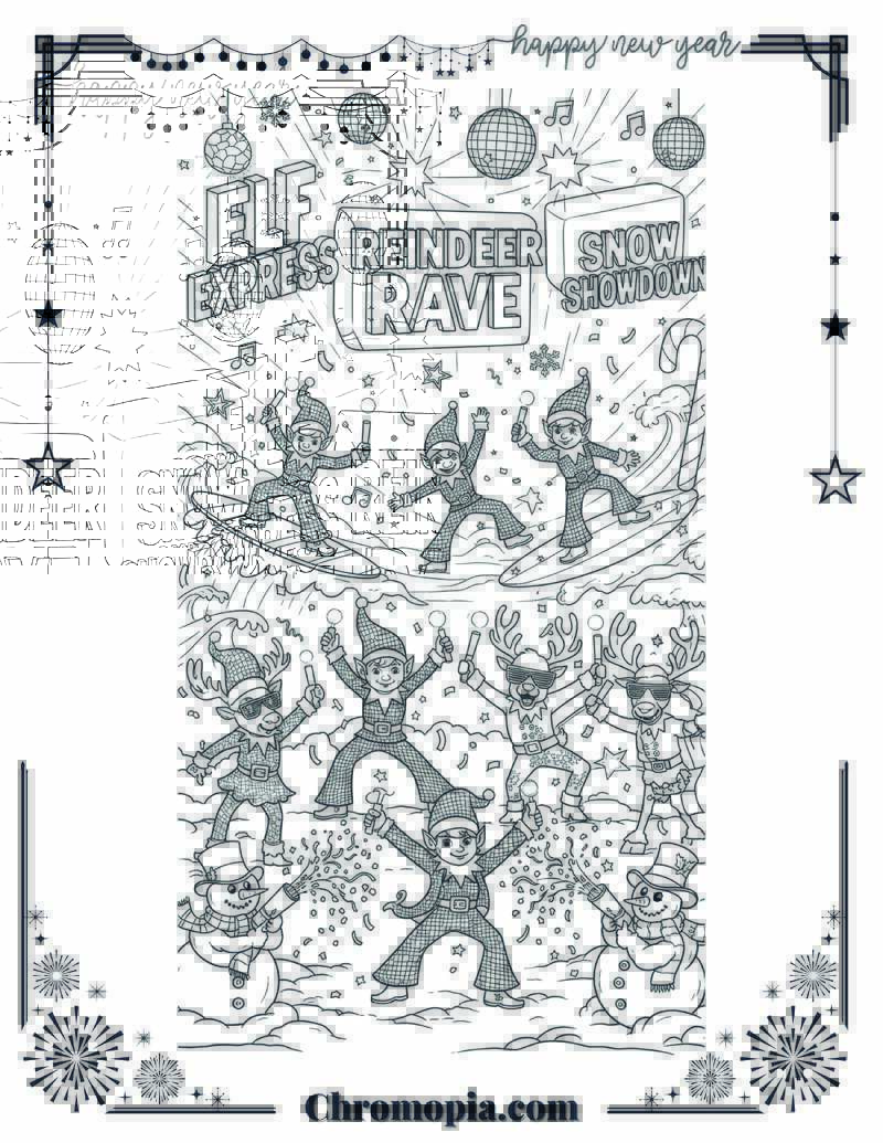Christmas Elves’ New Year Jam Disco Wonderland Coloring Page