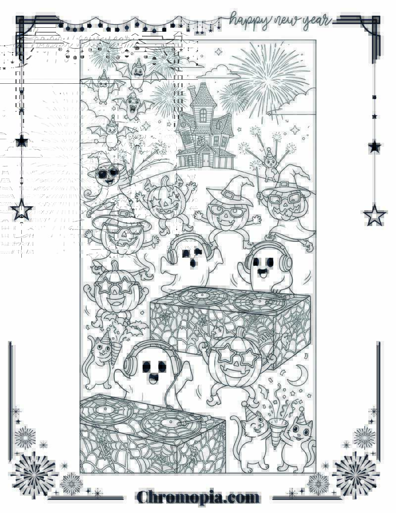 Halloween New Year Bash Spooky Party Extravaganza Coloring Page