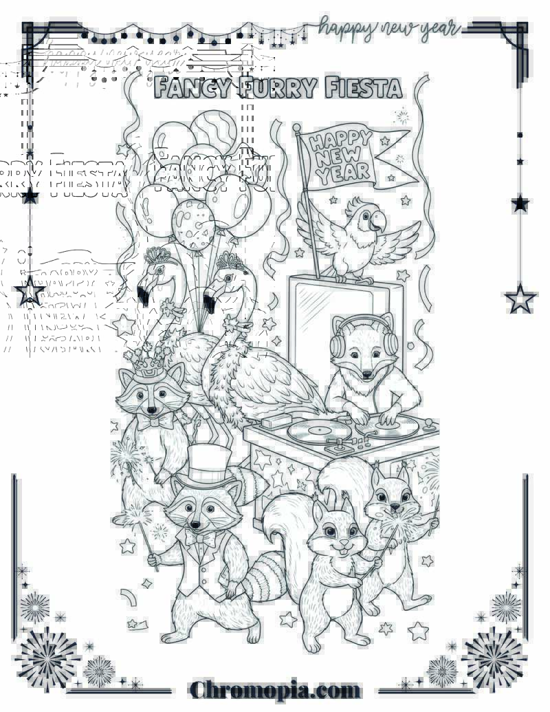 New Year’s Animal Parade Fancy Furry Fiesta Coloring Sheet