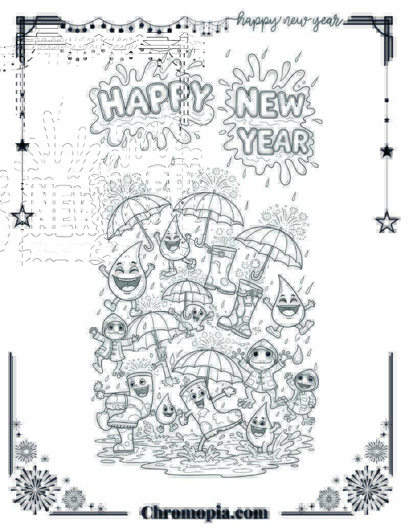 Rainy Day Revelers Splashing Party Coloring Page