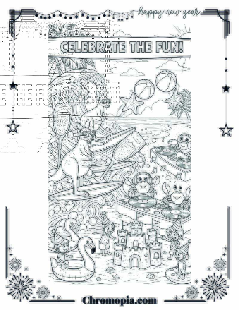 Summer Beach Party Animals Surf & Celebrate Coloring Sheet
