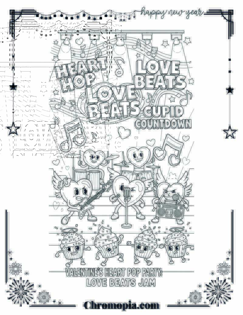 Valentine’s Heart Pop Party Love Beats Jam Coloring Page