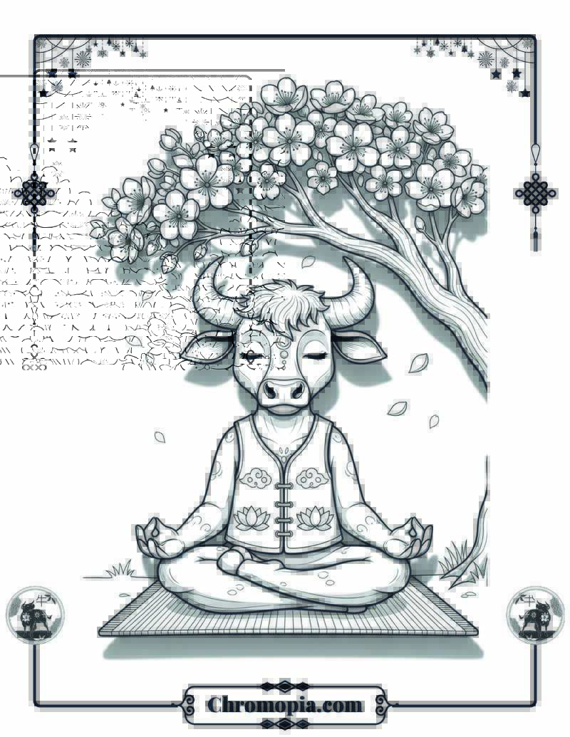 Yoga Ox Meditating Under Blossoms Coloring Page