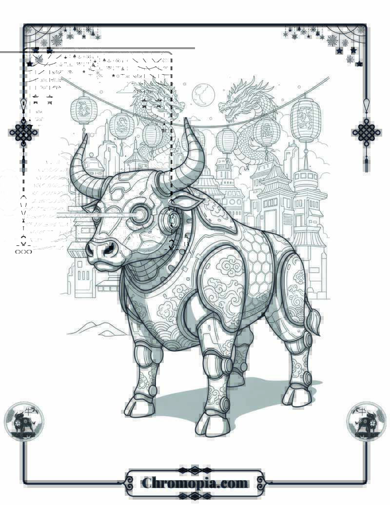 Cyborg Ox in Neon Lunar City Coloring Page