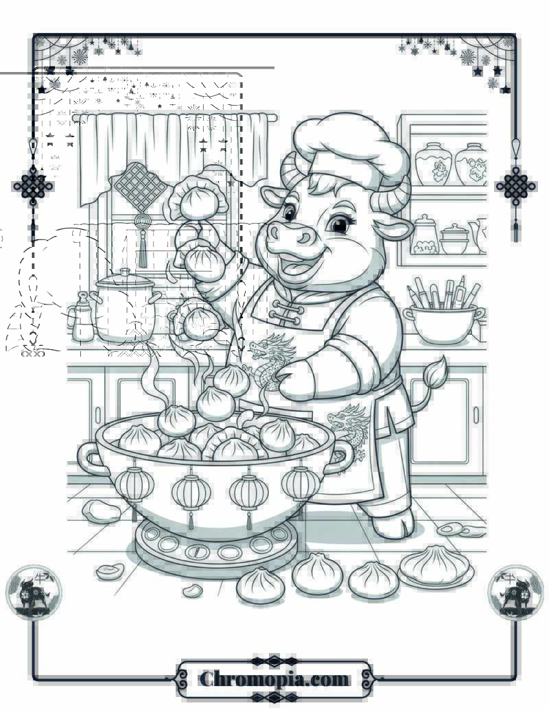 Ox Chef Preparing Lunar Dumplings Coloring Page