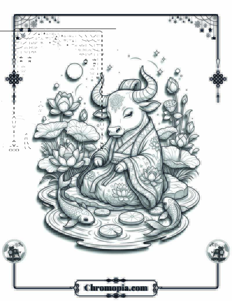 Floral Art Resting Ox by Lotus Pond Coloring Page