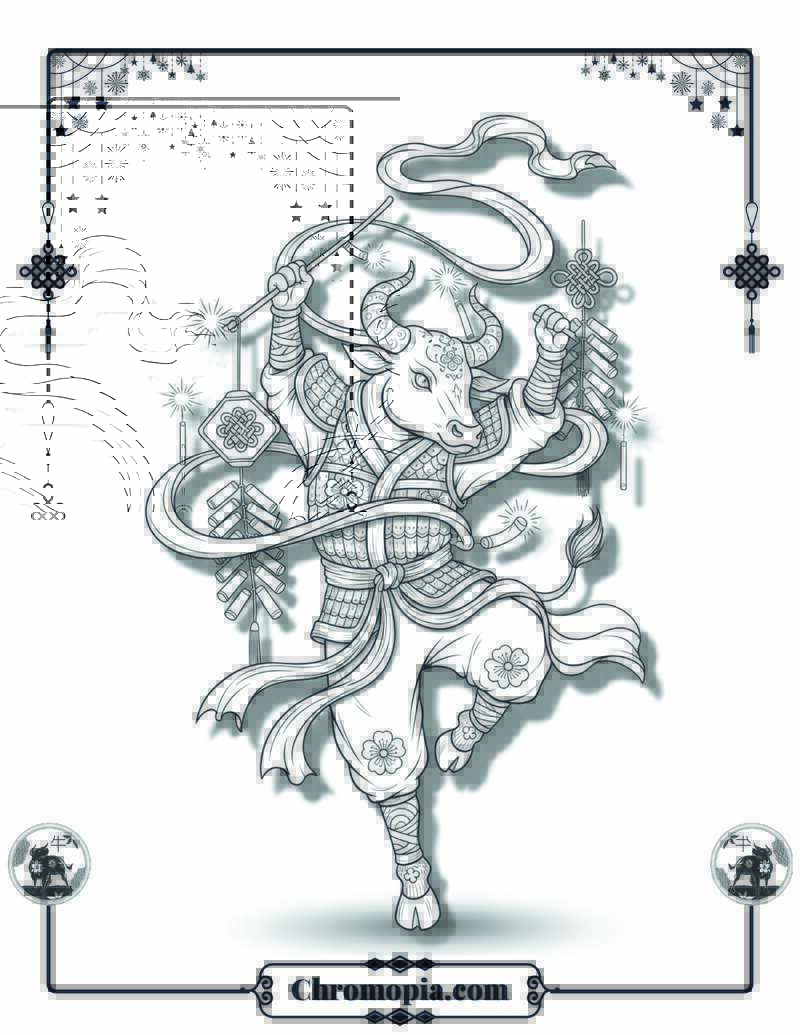 Mandala Art Lunar Ox Dancing with Firecrackers Coloring Page
