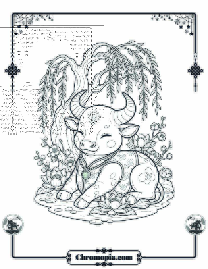Lucky Ox in Blossom Garden Coloring Page