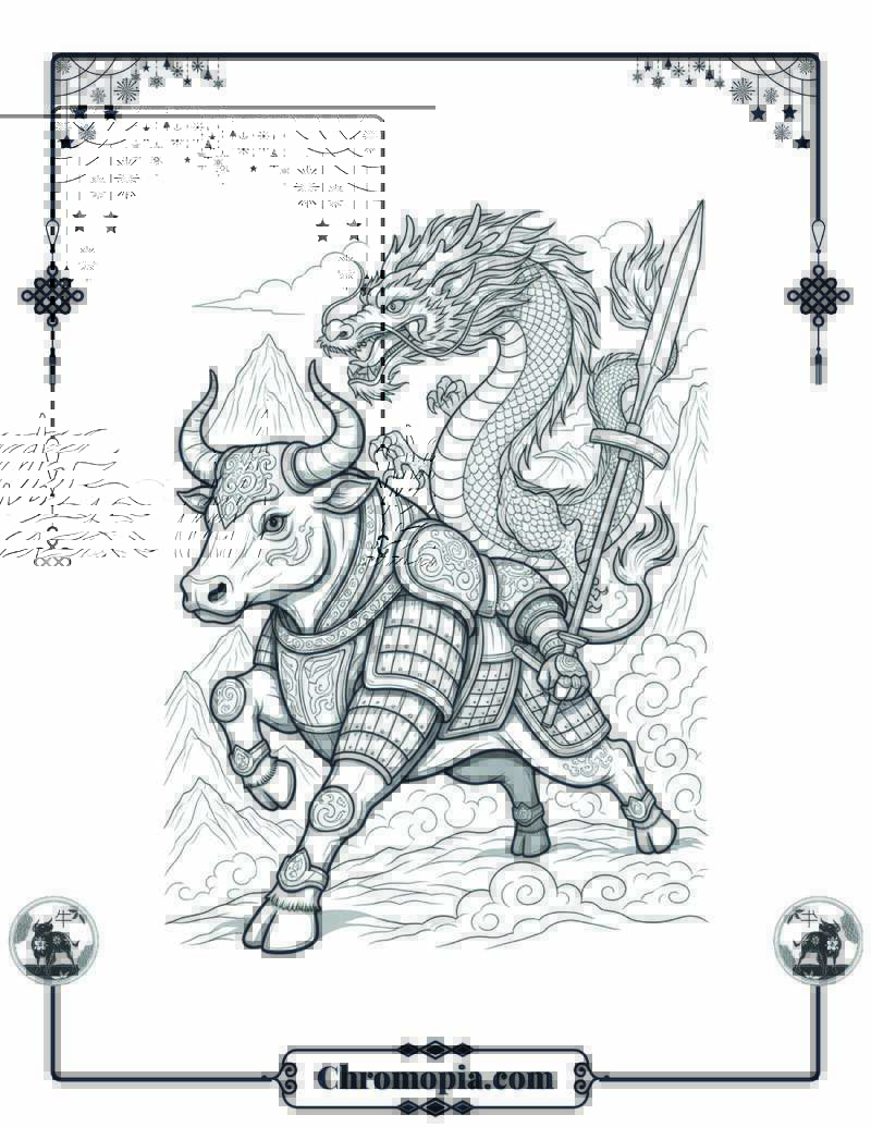 Ox and Dragon Mountain Race Coloring Page
