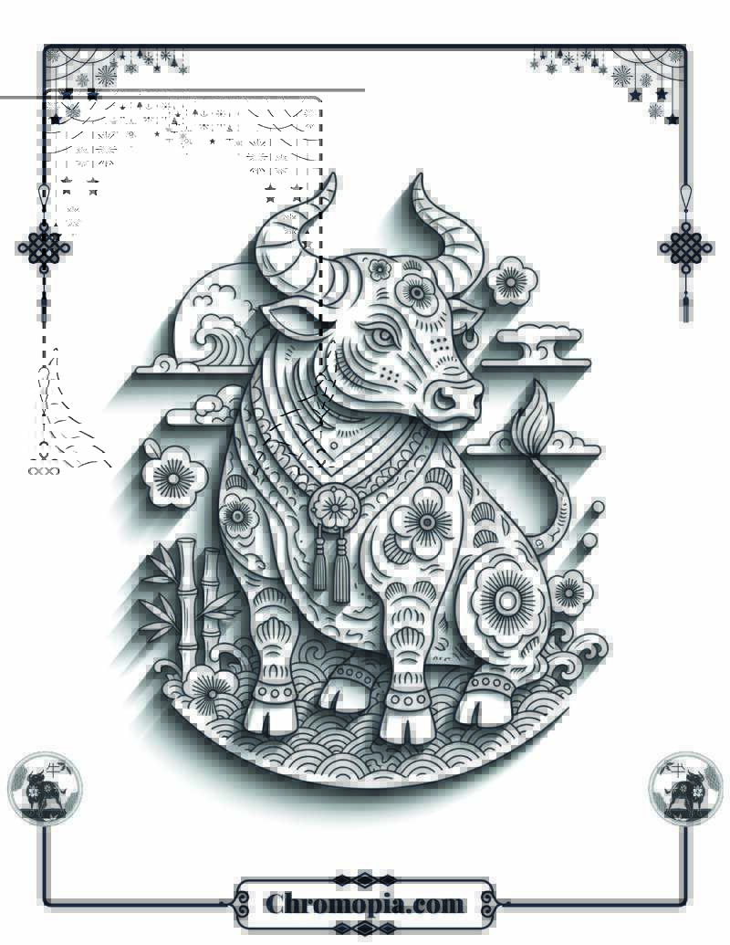 Lunar Ox Papercut Art Style Coloring Page