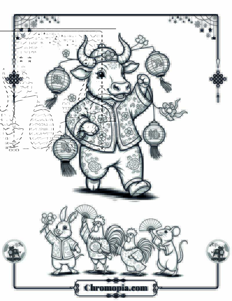 Lunar Ox Zodiac Celebration with Friends Coloring Page