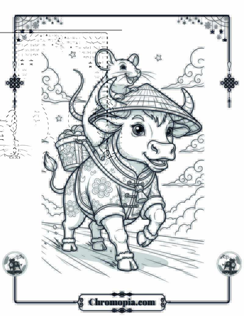 Zodiac Race Ox and Rat Finish Line Coloring Page