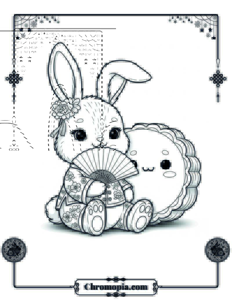 Cuddly Rabbit with Lunar Mooncake Coloring Page