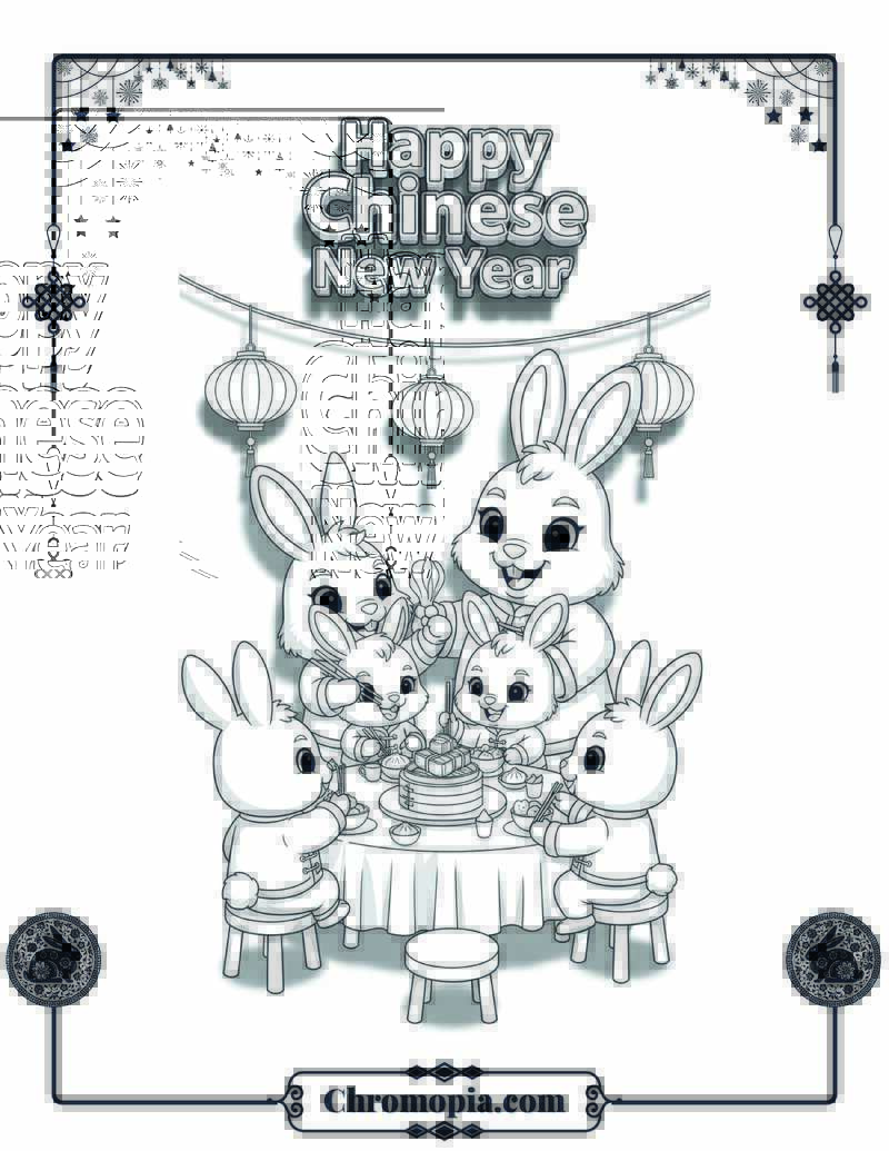 Happy Rabbit Family Feast Coloring Page