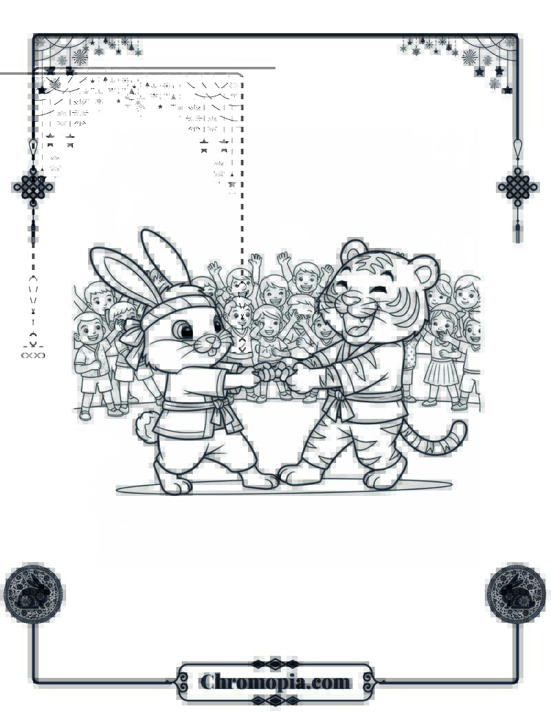 Rabbit-Tiger Tug of War Coloring Page