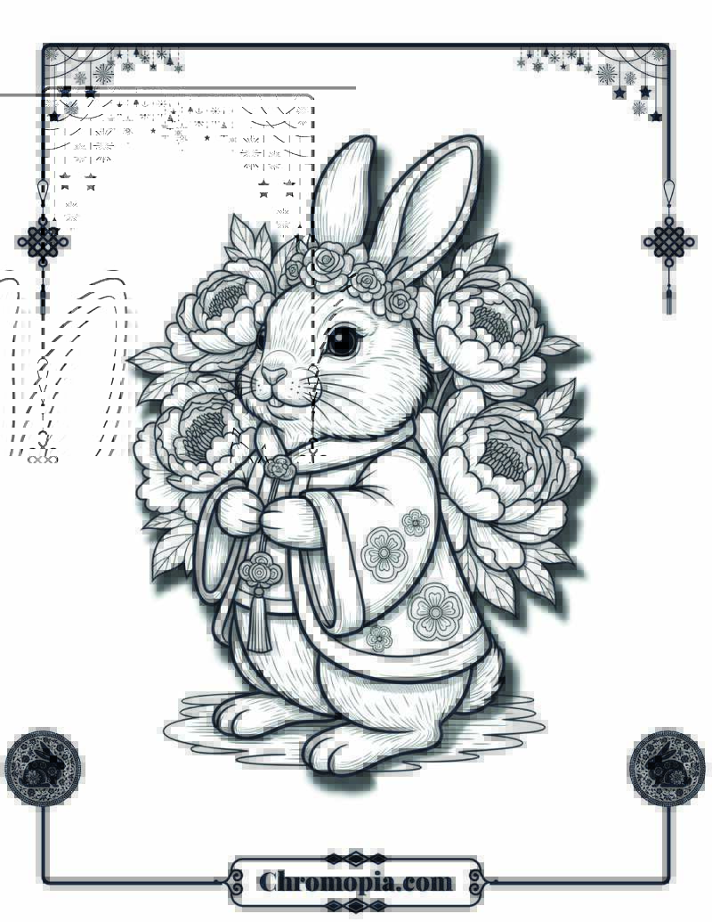 Prosperity Rabbit with Peonies Coloring Page