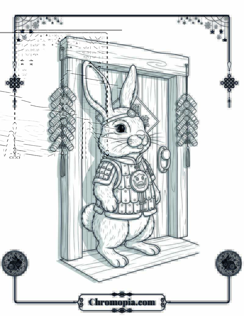 Rabbit Guarding Family Door Coloring Page