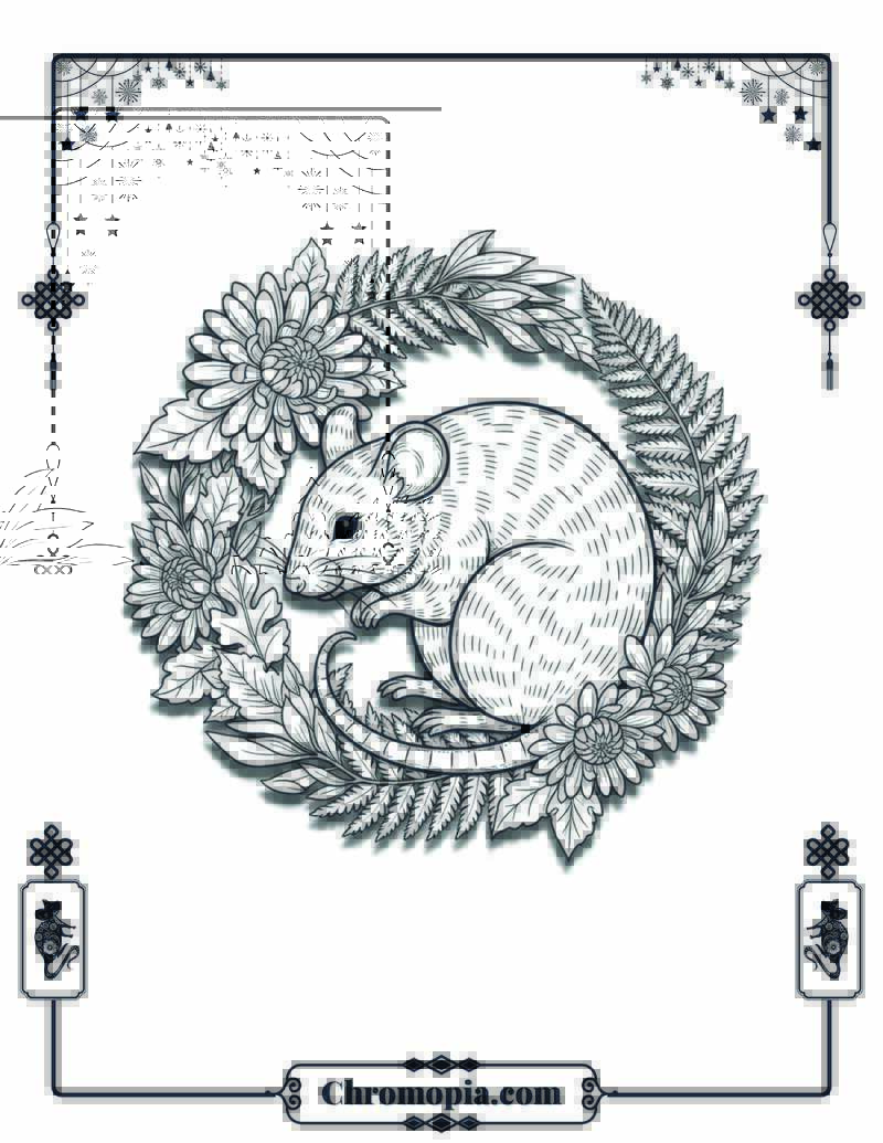 Floral Art Rat and Chrysanthemum Harmony Coloring Page