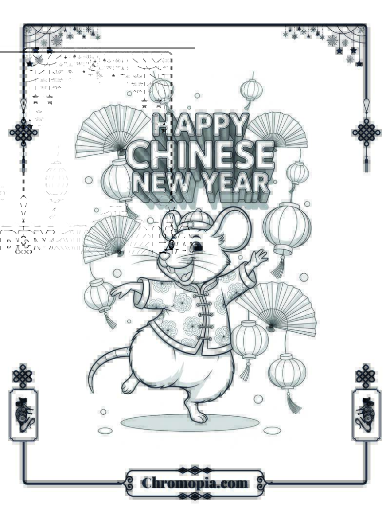 Happy Chinese New Year Rat Dance Coloring Page