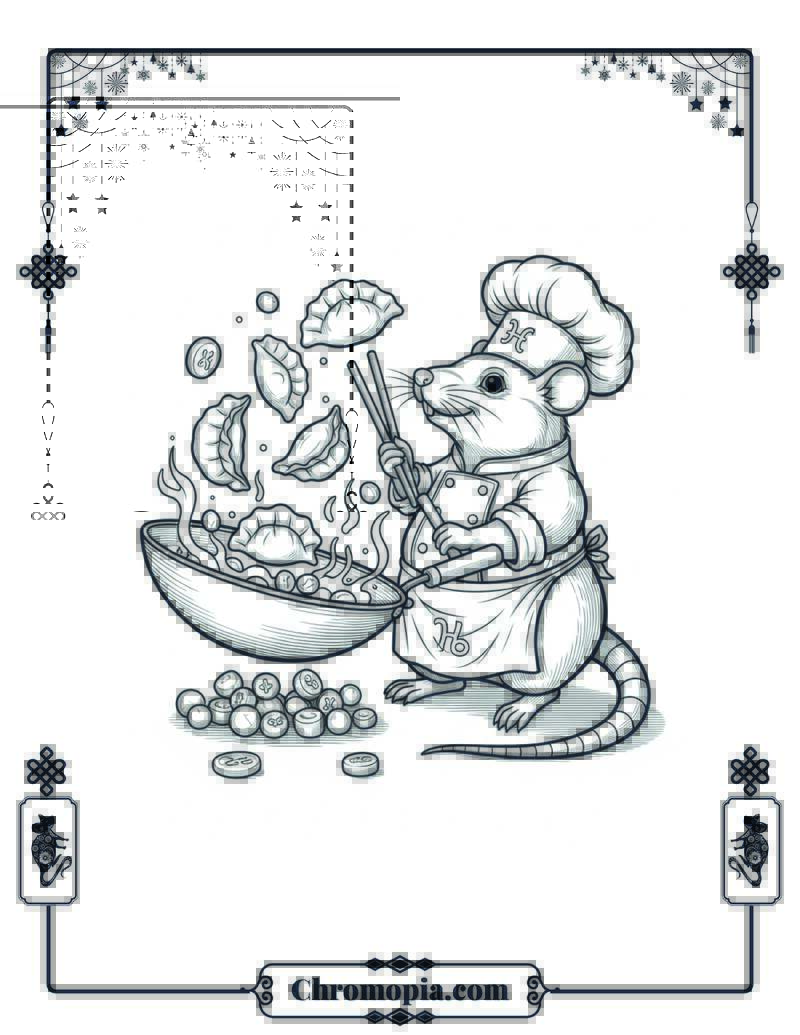 Rat Chef Stir-Frying Dumplings Coloring Page