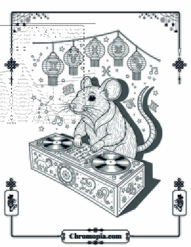 Rat DJ Spinning Lunar Beats Coloring Page
