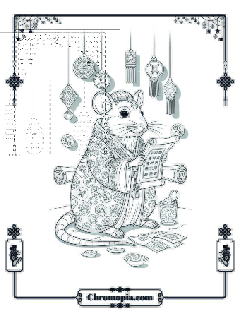 Rat Fortune Teller with Zodiac Predictions Coloring Page