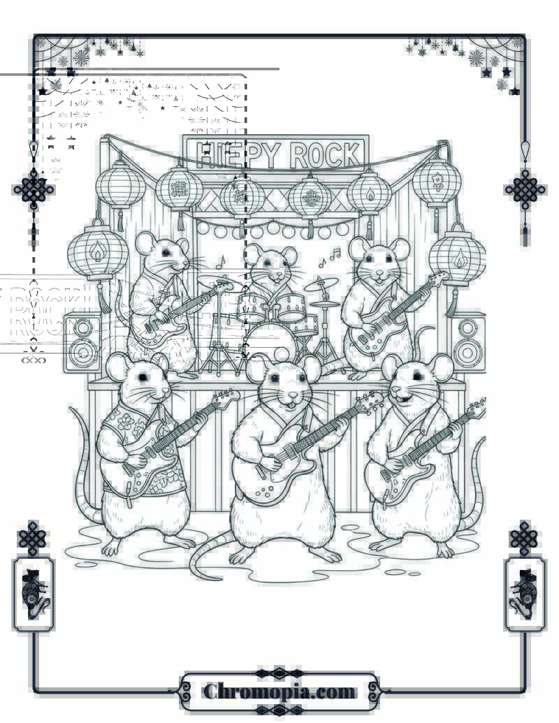 Rat Rock Band Playing New Year Concert Coloring Page