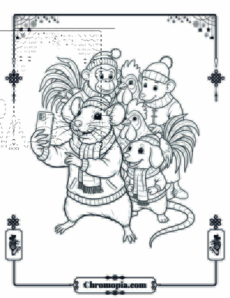 Rat Selfie with Zodiac Friends Coloring Page