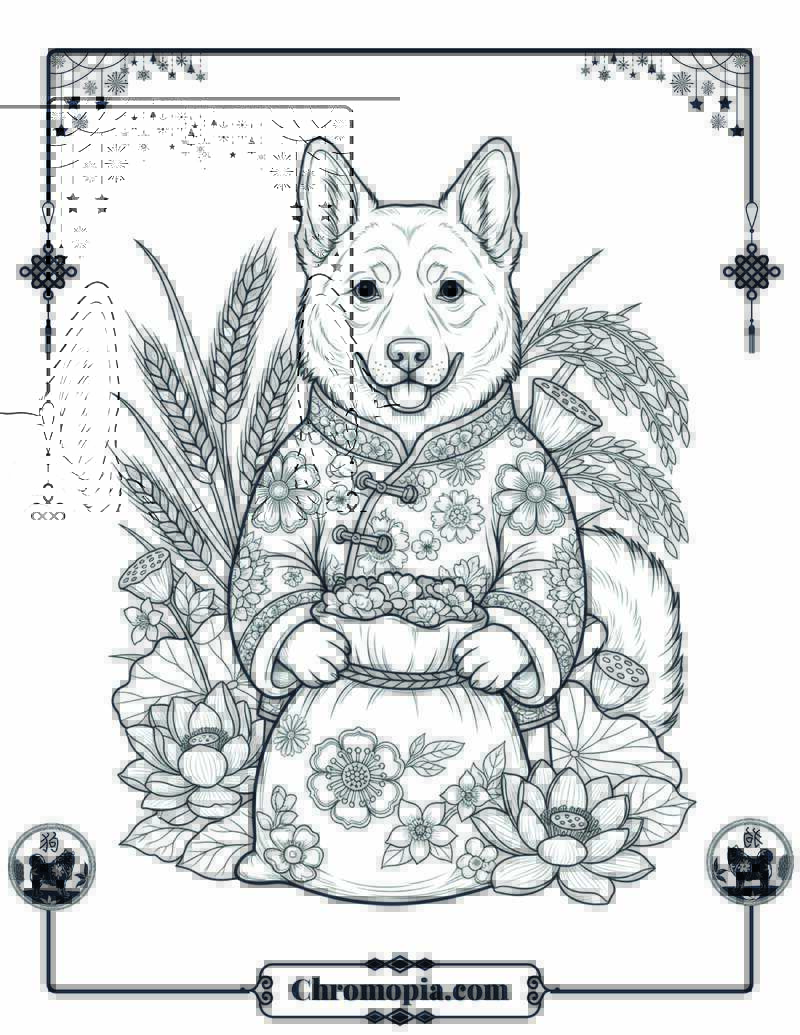 Floral Grain Guardian Dog Coloring Page