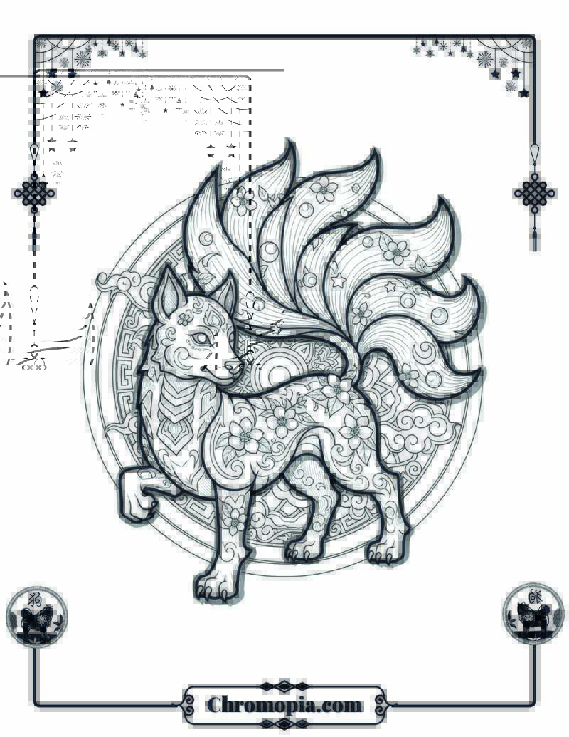 Mandala Nine-Tailed Moon Dog Coloring Page
