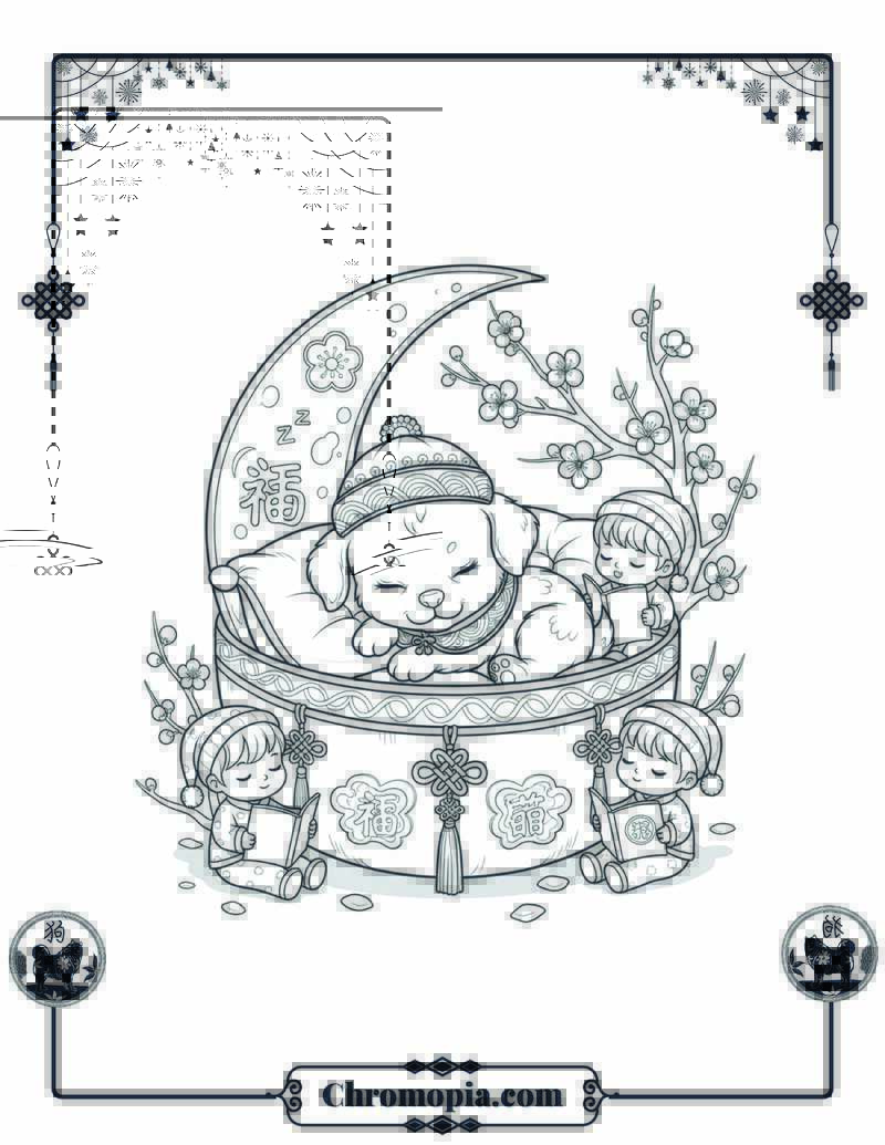 Sleepy Moon Pup in Cozy Home Coloring Page