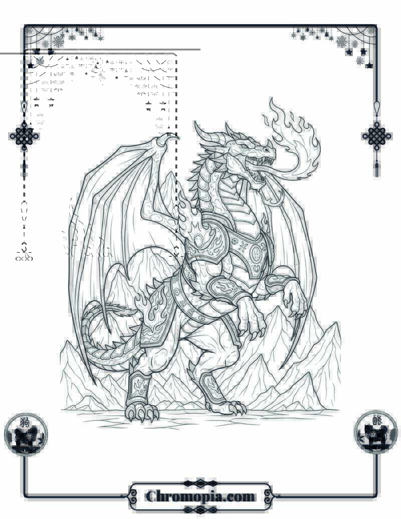 Dragon-Dog Fire Mountains Coloring Sheet