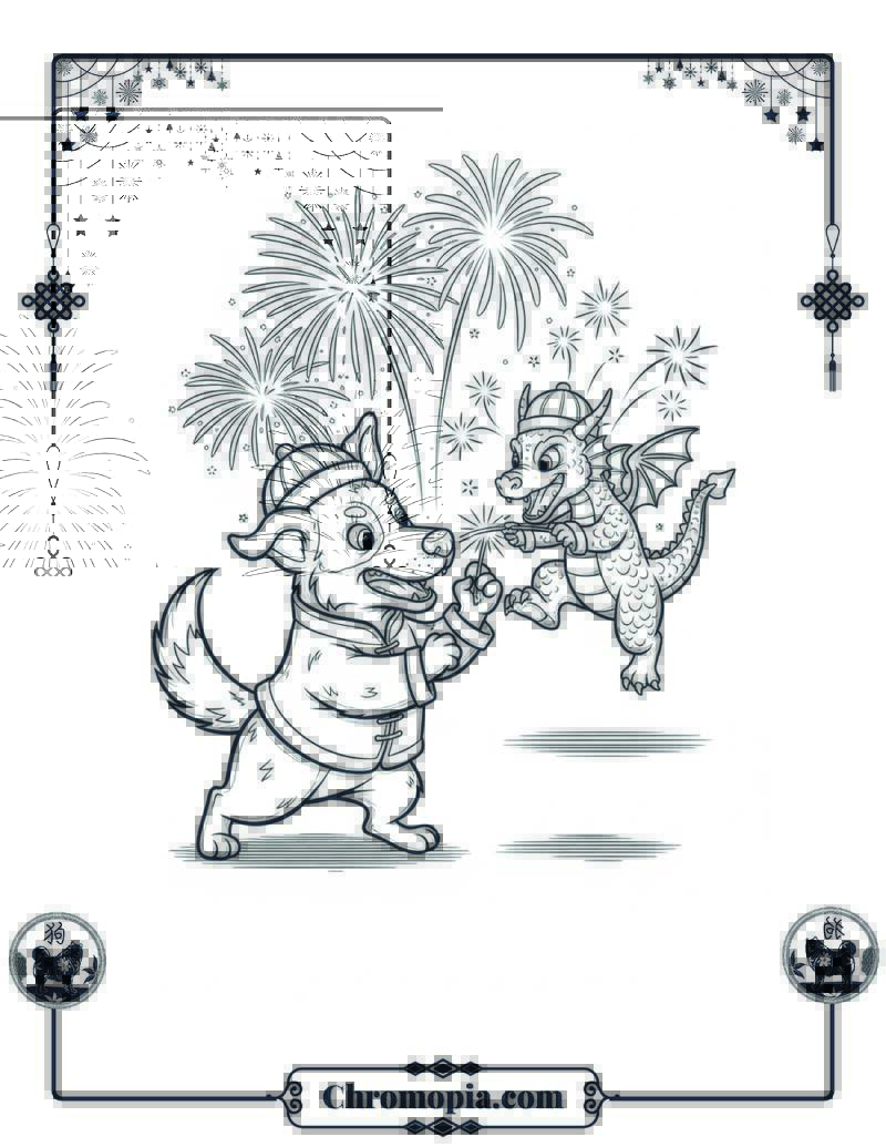Mischievous Dog and Dragon Fireworks Rivalry Coloring Page