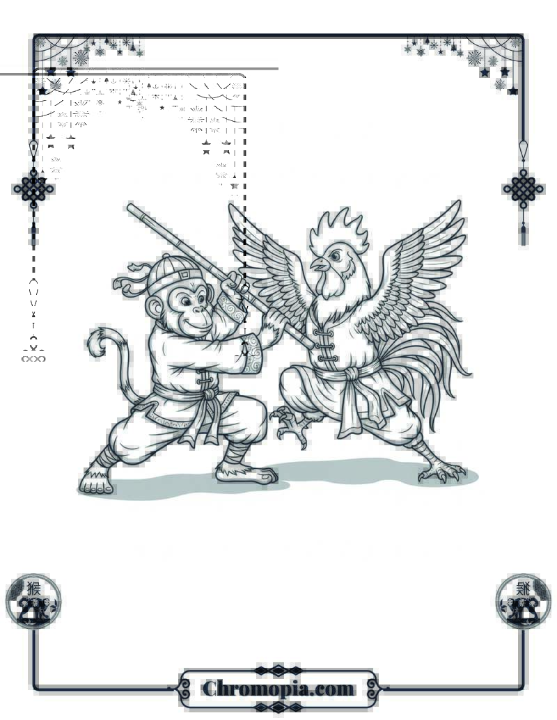 Monkey and Rooster Zodiac Team-Up Coloring Sheet