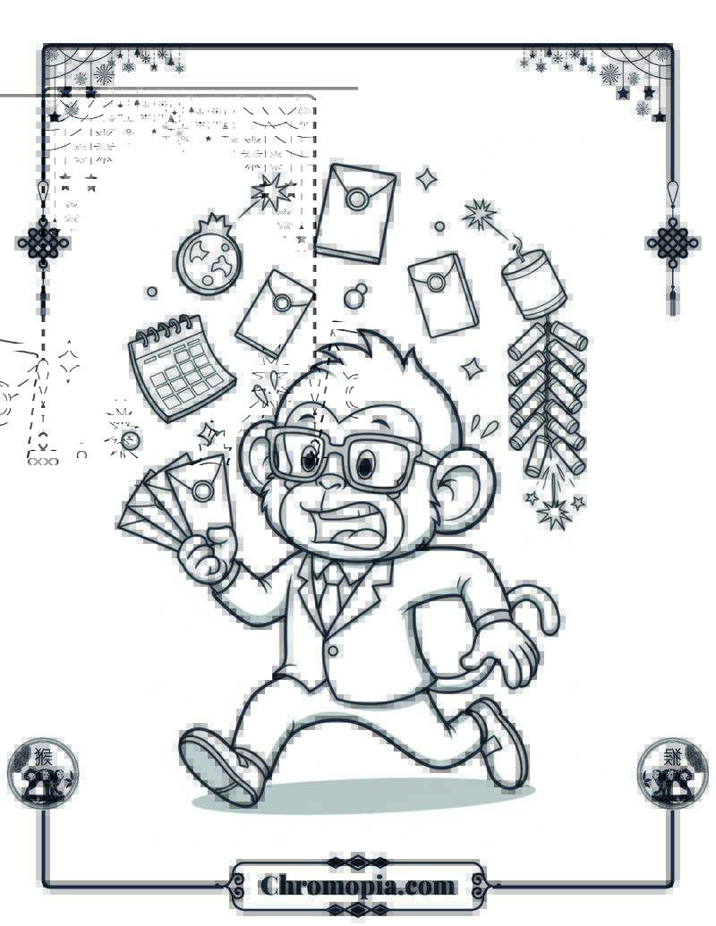 Monkey CEO Running Chinese New Year Biz Coloring Page