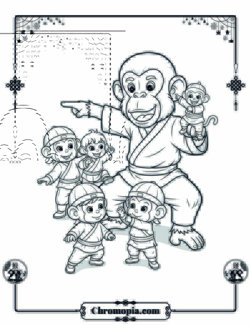 Monkey Teaching Kung Fu to Toddlers Coloring Sheet