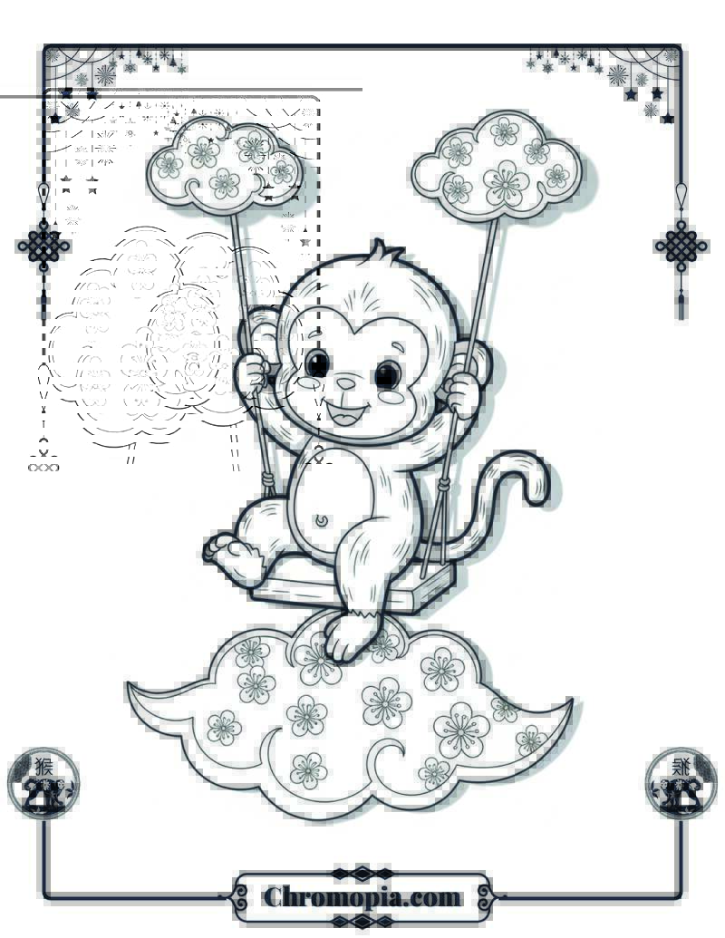 Baby Monkey Swinging on Lunar New Year Clouds Coloring Page