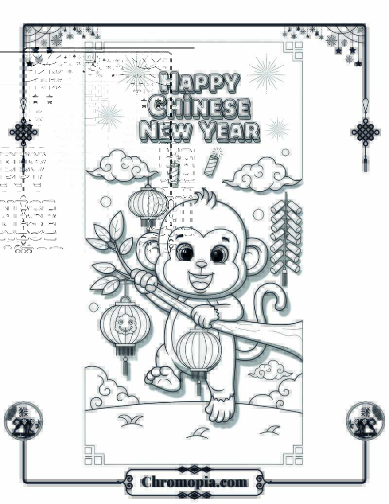 Playful Monkey with Lanterns Coloring Page