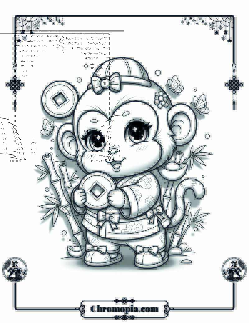 Chibi Lunar Monkey with Lucky Coins Coloring Page