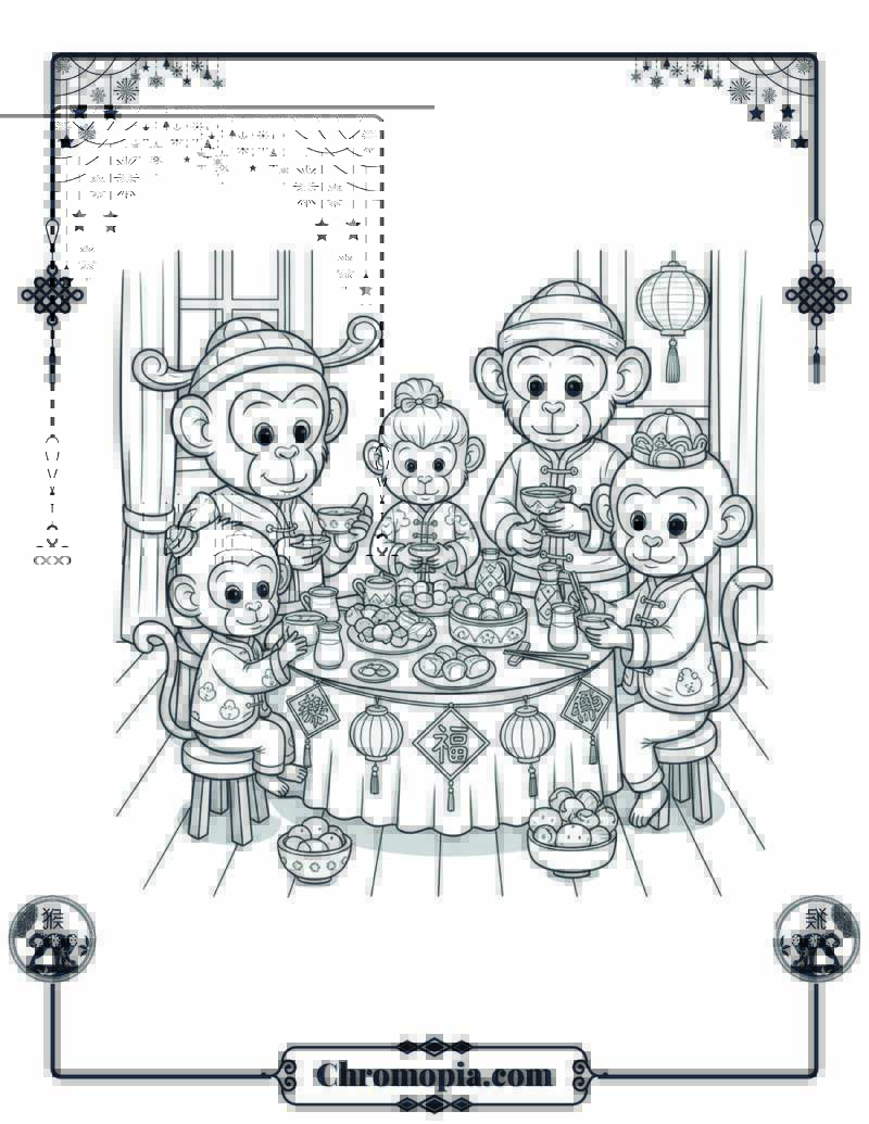 Monkey Family New Year Feast Coloring Page