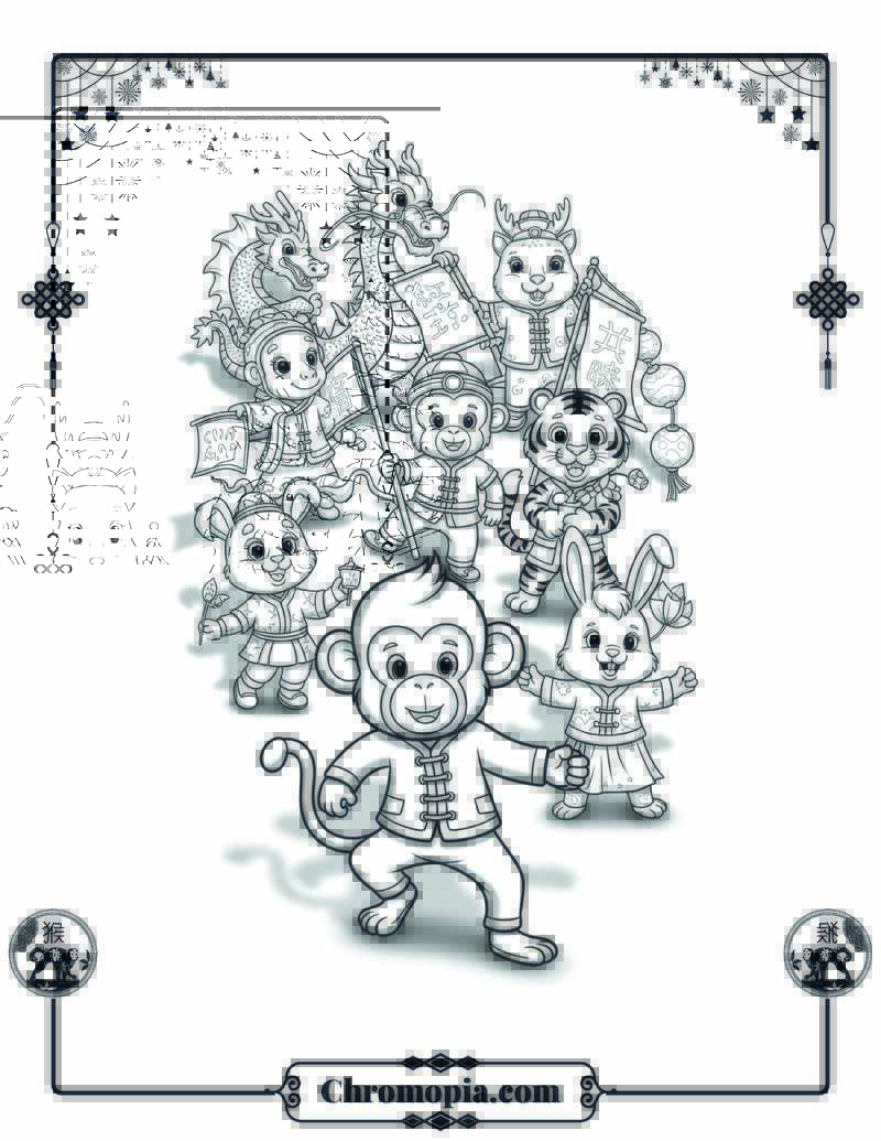 Monkey and Zodiac Animal Parade Coloring Page