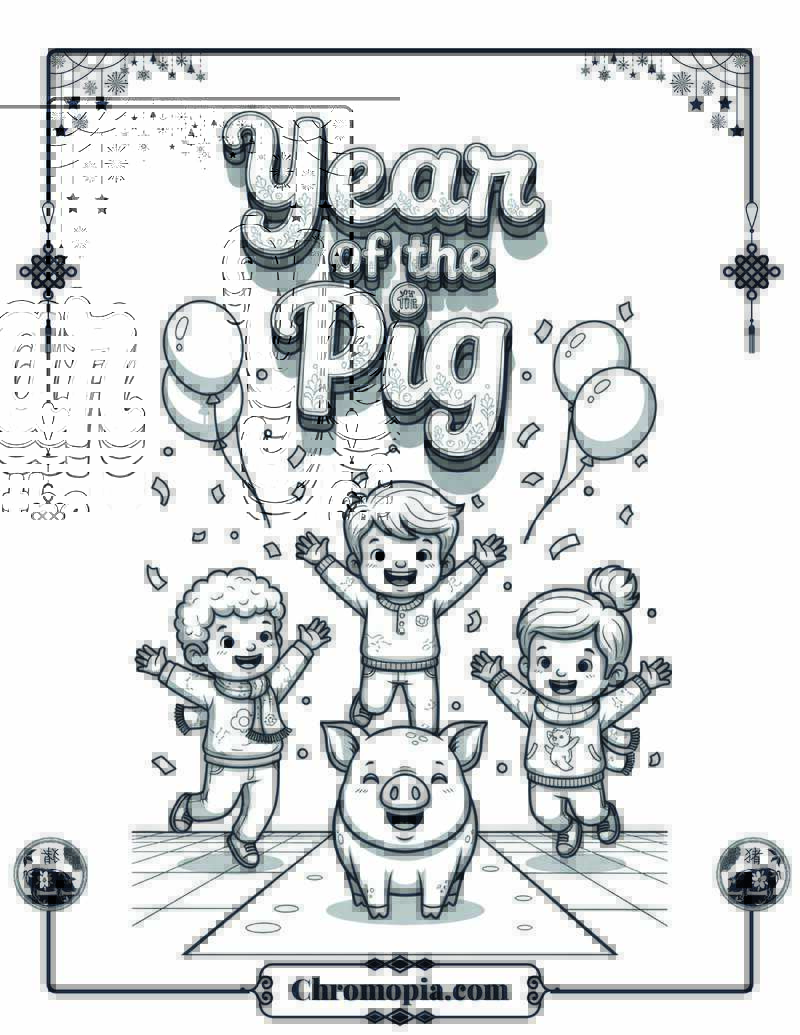 Happy Year of the Pig Kids and Pets Coloring Sheet