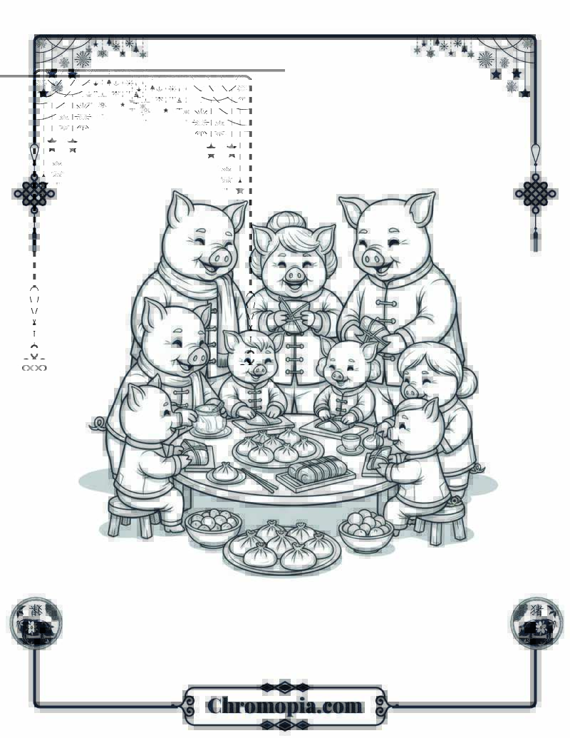 Pig Family Preparing Feast Together Coloring Sheet
