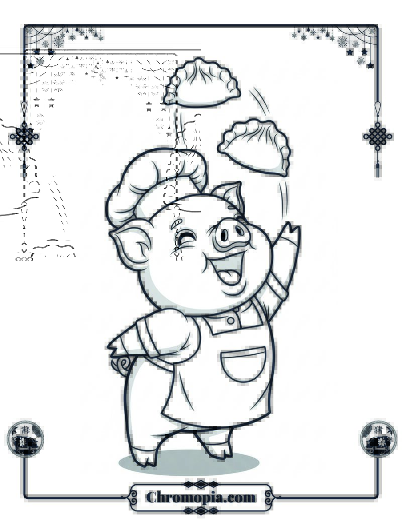 Baby Pig Dumpling Chef with Laughing Kids Coloring Sheet