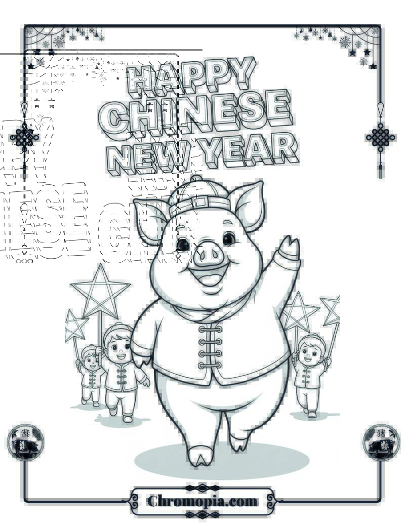 Happy Chinese New Year Pig and Lantern Parade Coloring Page