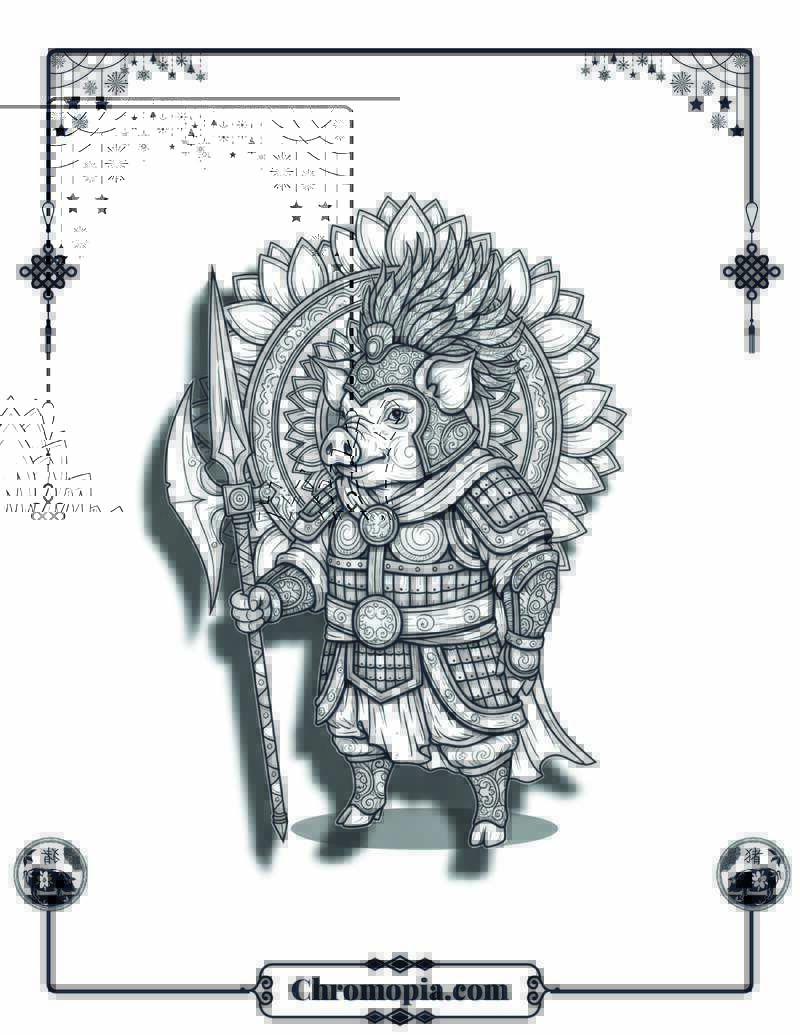 Mandala Protector Pig with Floral Lotus Halo Coloring Page