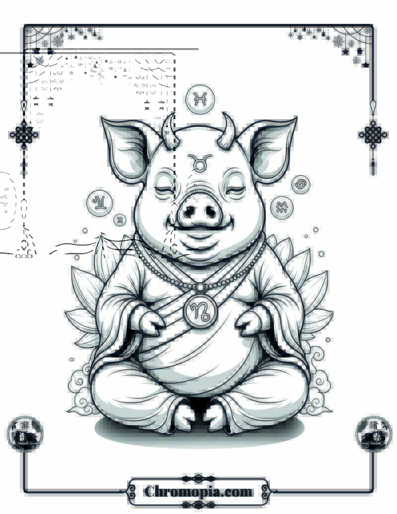 Mystical Zodiac Pig with Floating Spirit Orbs Coloring Page