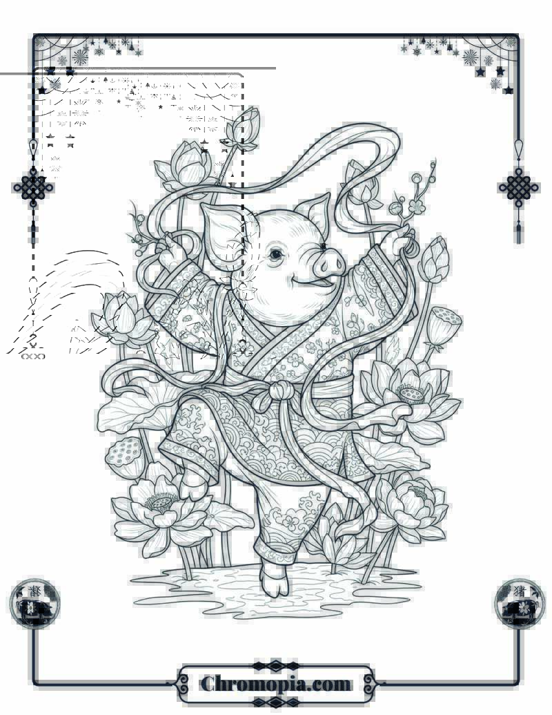 Zodiac Pig Dancing Amidst Lotus Flowers Coloring Page