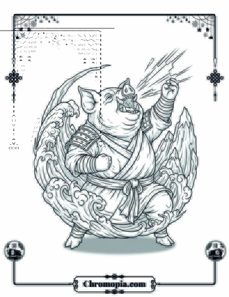 Pig Warrior Singing Mountains into Being Coloring Page