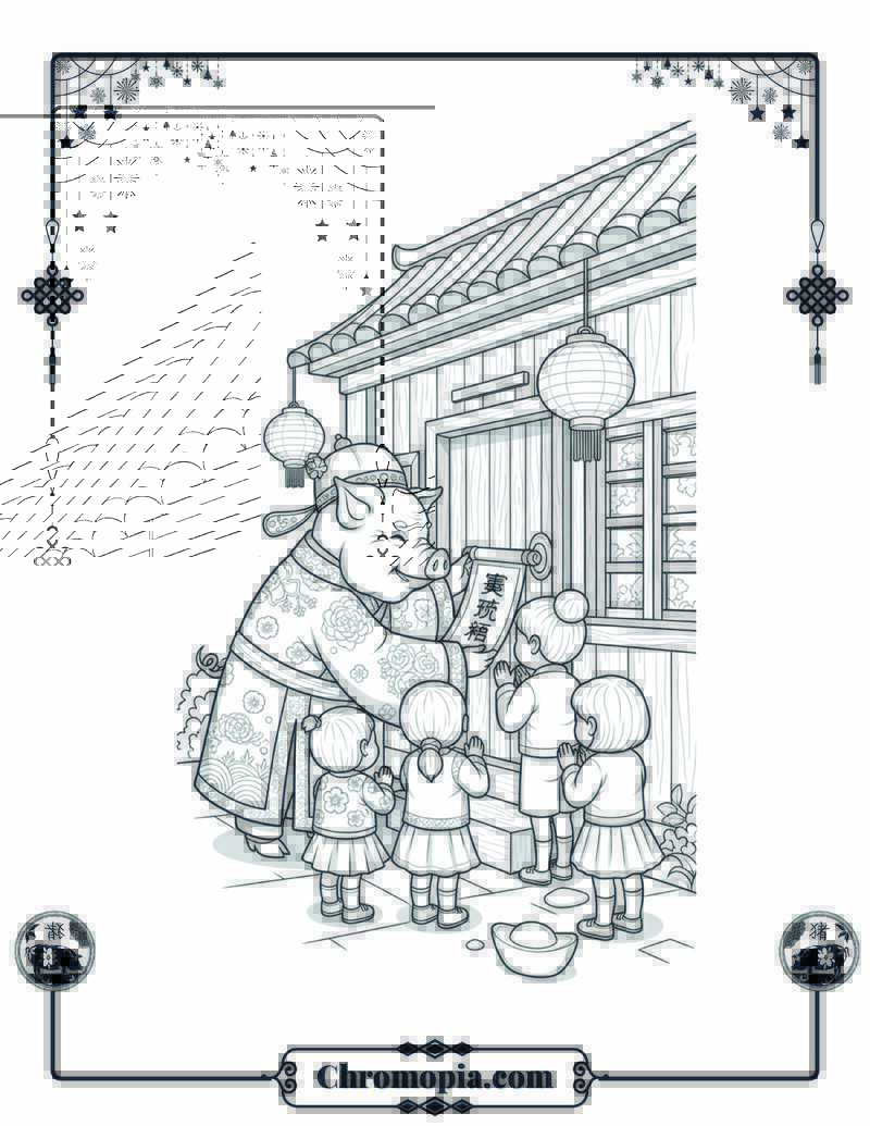 Lunar New Year Pig Blessing Family Home Coloring Page